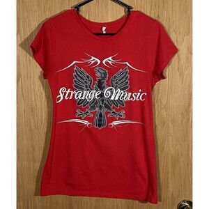 Vtg Y2K Women's Lg Strange Music T-Shirt Red Black Back Graphic Logo Slim Fit